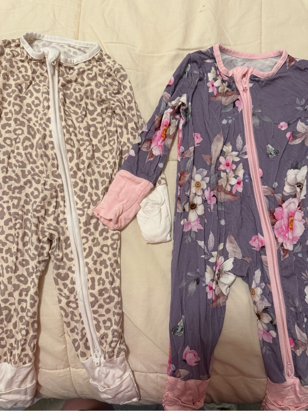 Set of 2 Bamboo Floral Purple and Leopard Print Zipper One-Piece Pajamas